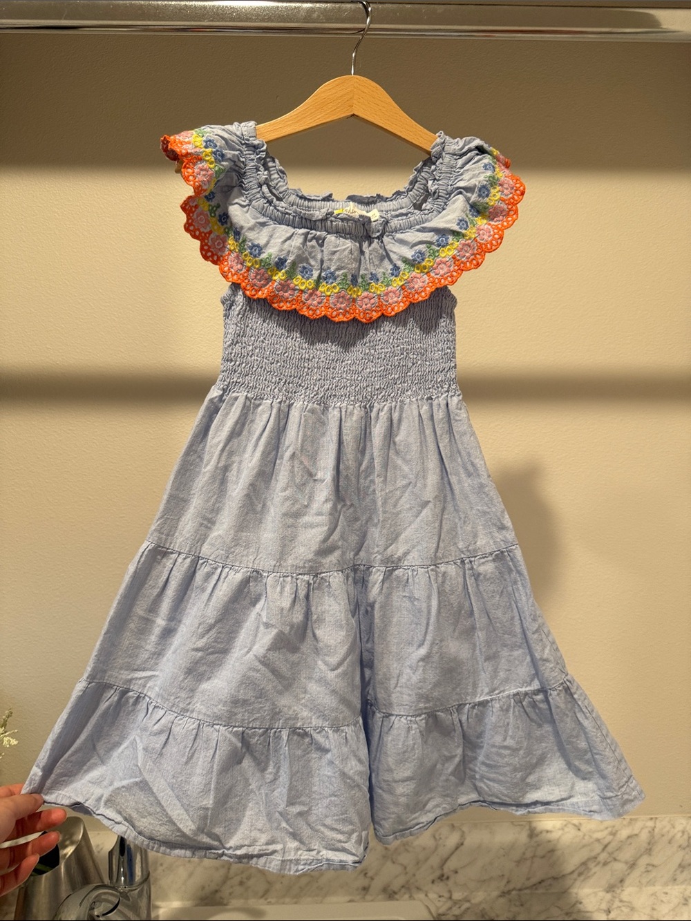 Mini Boden Light Blue Tiered Dress with Neon Orange Trim girl size 116cm 5-7Y